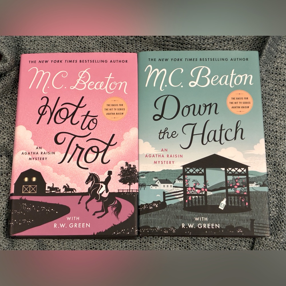 M.C. Beaton “Agatha Raisin Mysteries”. 
Hot to Trot and Down the Hatch